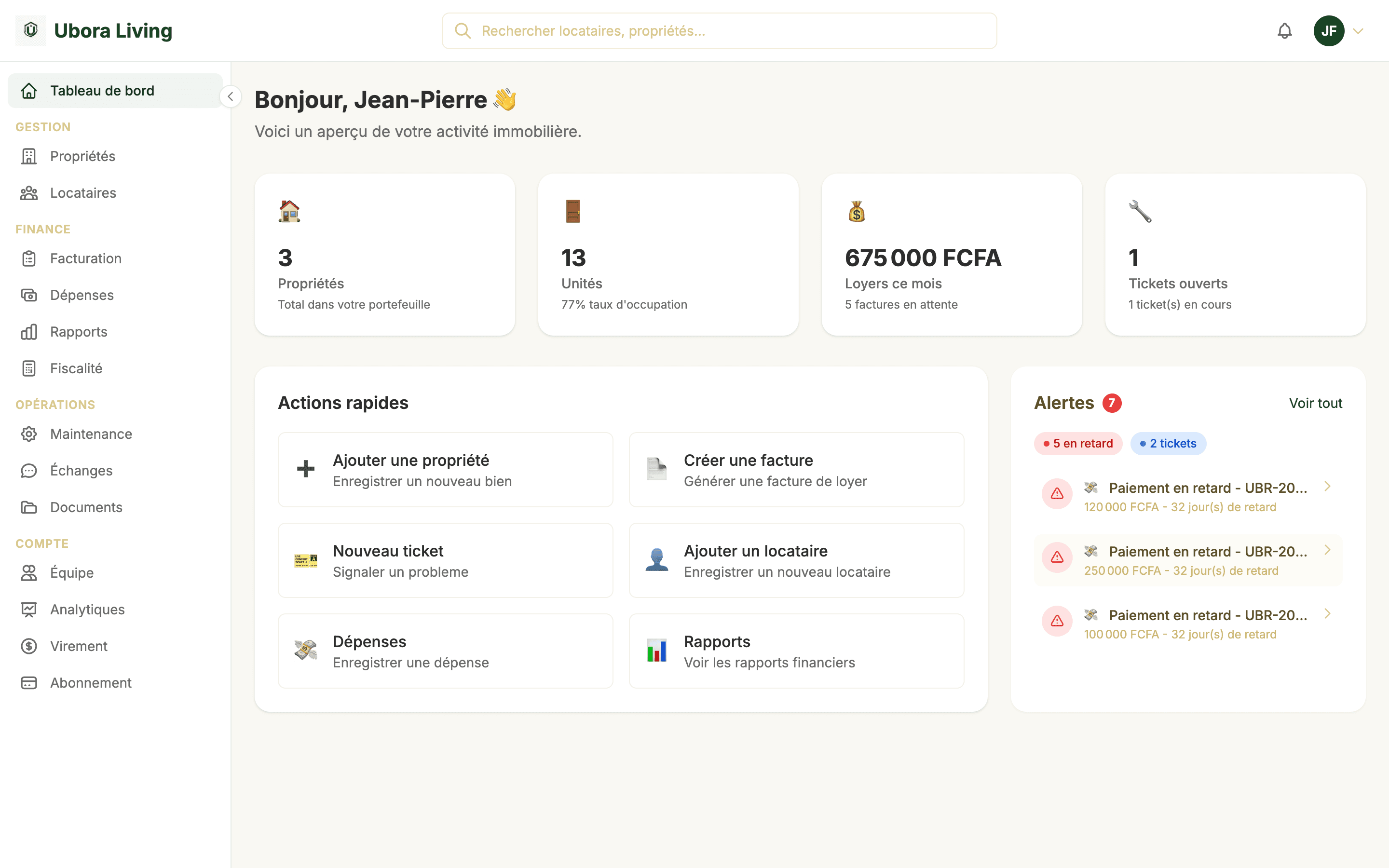 Tableau de bord Ubora Living — suivi des propriétés, loyers et taux d'occupation